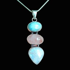 Natural Blue Dominican Larimar Rose Quartz & Rainbow Moonstone 925 SS Necklace